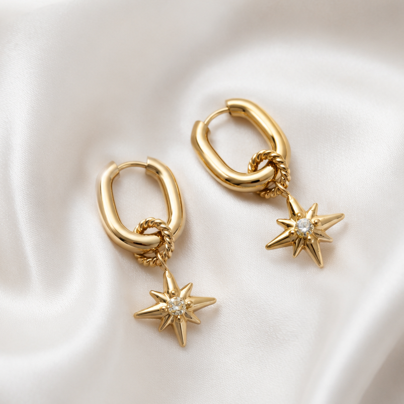 Gold North Star Hoop Earrings | Waterproof Stainless Steel